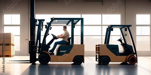 Man driving a forklift in a warehouse with boxes on the floor. Side view. Generative AI.