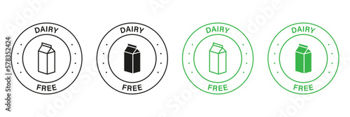 Dairy Free Green and Black Stamp Set. No Cow Milk Lactose Label. Free Dairy Diet Symbol. Lactose Intolerance Allergy Ingredient Sign. Non Dairy, Healthy Food Logo. Isolated Vector Illustration