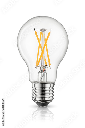 LED filament light bulb with e27 base isolated on white.