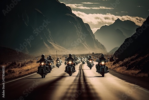 Illustration of cruiser motorcycles on a road - Created with generative ai