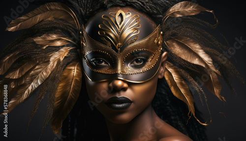 Portrait of sexy african brazilian woman in golden venetian carnival mask