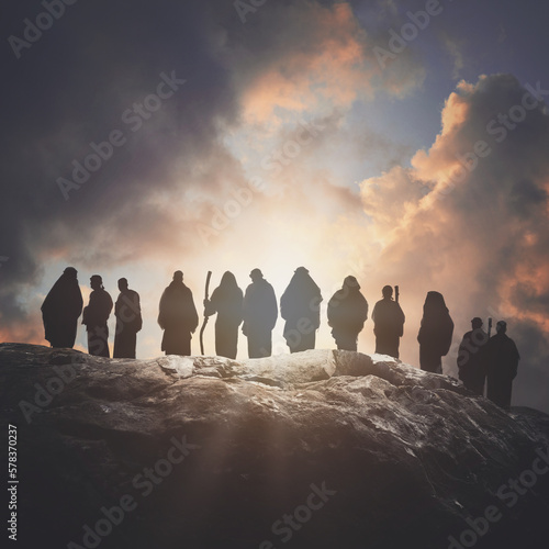 A group of the 12 Disciple Apostles of Jesus Christ are standing on a rock mountain for a biblical christian message about faith and religion.