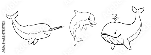 Cute narwhal, whale and dolphin to color in. Vector template for a coloring book with funny animals. Coloring template for kids. 