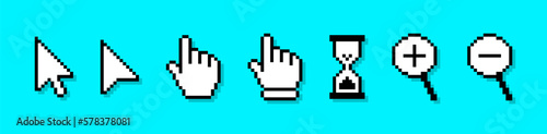 Pixel cursor or computer mouse pointer icons set. Pixel art cursors - arrows, hand click pointers, magnifier and hourglass. Pixelated computer mouse icons in 8 bit style. Vector.