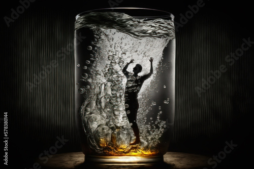 Mensch ertrinkt im Alkohol Glas
