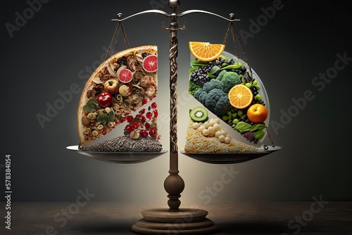 Scales with healthy food and fast food. Veganism, healthy lifestyle, fatty food, vitamins, obesity, proper nutrition, balanced healthy food and calories concept. Generative of AI