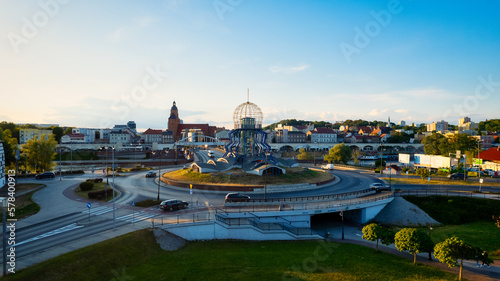 A beautiful drone photo was taken on a sunny day in Gorzów Wielkopolski, capturing the River Warta, the Cathedral, and the city center