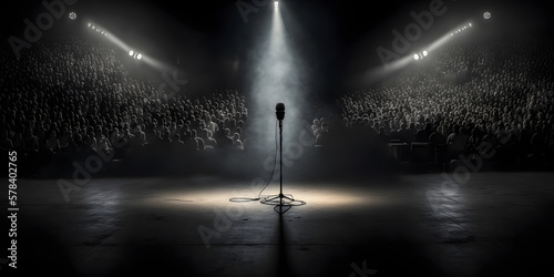 Microphone for singer music background with spot lighting. Concept Public speaking on stage with mic. Generation AI