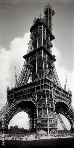 black and white images of the Eiffel tower under construction, generative ai