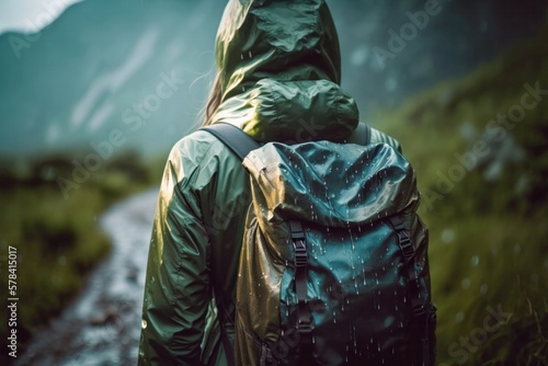 Traveler hiker camper woman wearing raincoat, waterproof jacket. Big Trekking Backpack. Rainy weather. Viewed from the back. Bad weather at the hike, trekking. Camping concept. 
