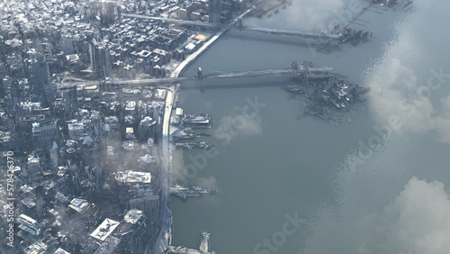 3d rendering, New York Manhattan city Destroyed after massive war Apocalyptic view of New york city Skycrapers ruins, drone view 