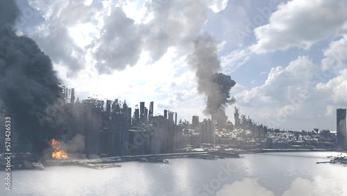 3d rendering, New York Manhattan city Destroyed after massive war, 2023, Aerial