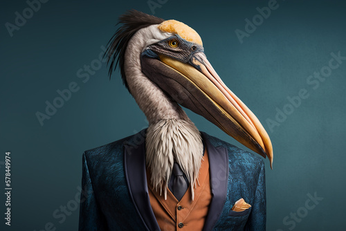 Portrait of a pelican dressed in a formal business suit, character, generative ai