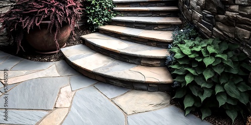 A meandering flagstone walkway winds its way up a staircase, providing a peaceful path through an outdoor patio. - generative ai