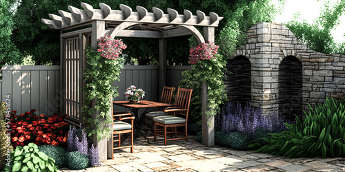 A lush garden is framed by an arbour of vibrant plants, while a flagstone patio provides a comfortable outdoor seating area - generative ai.