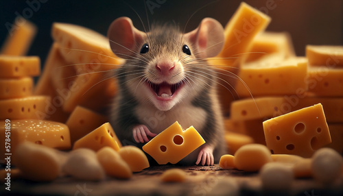 Cheesy mouse eating cheese. Ai generated.