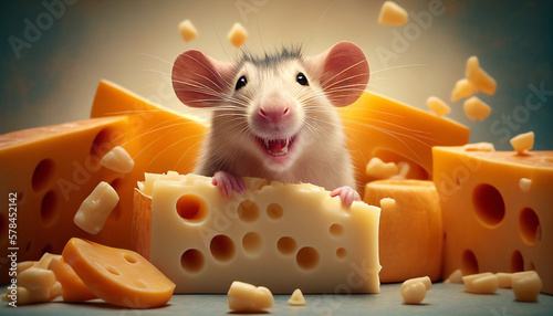 Cheesy mouse eating cheese. Ai generated.
