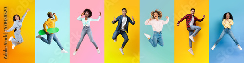 Cheerful People. Happy Multiethnic Males And Females Jumping On Colorful Backgrounds