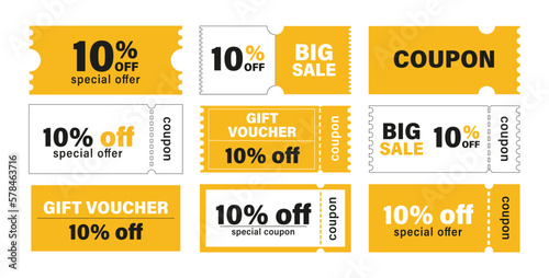 Discount coupon. coupon set, 10% off discount coupon, special offer, big sale, gift voucher, special coupon yellow vector illustration