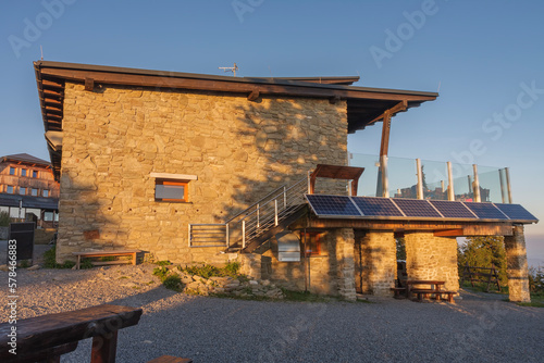 Chalet on Lysa hora, the highest hill of Beskid mountains, Czech republic, sunset time.