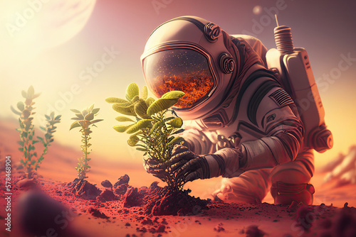 Alone astronaut in space suit seedling plant on surface of red planet. Space exploration, colonization and terraforming new planets. Created with generative ai