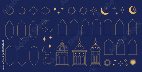 Collection of elements in the oriental style of Ramadan Kareem and Eid Mubarak, Islamic windows, arches, stars and moon, mosque doors, mosque domes and lanterns.