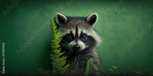 Playful raccoon peeks around grass on a plain green background, concept of Curious and Mischievous, created with Generative AI technology