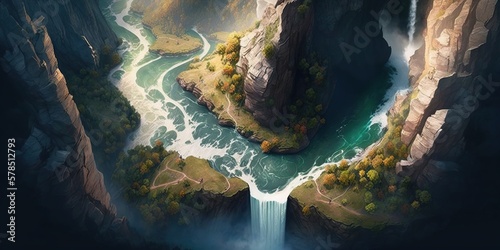 stunning aerial view of natural wonder such as winding river carving through a canyon a majestic waterfall cascading down a mountain, created with Generative AI technology