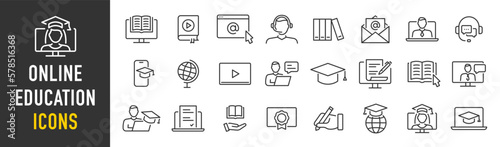 Online Education and E-learning web icon set in line style. E-book, video tutorial, mentor, distance learning, video and audio courses, collection. Vector illustration.