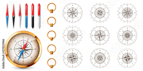 Realistic golden vintage compass with marine wind rose and cardinal directions of North, East, South, West. Shiny metal navigational compass. Cartography and navigation. Vector illustration.