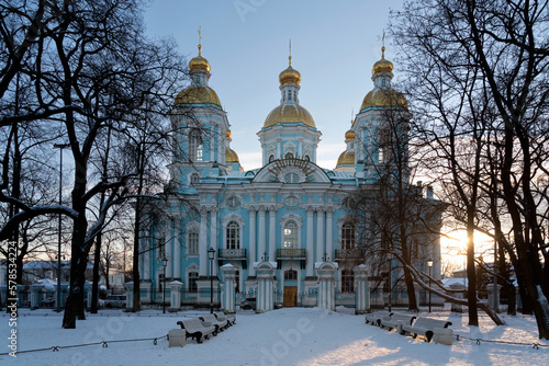 View of the Nikolo-Bogoyavlensky (Nikolsky) Naval Cathedral on a sunny winter day, St. Petersburg. Russia