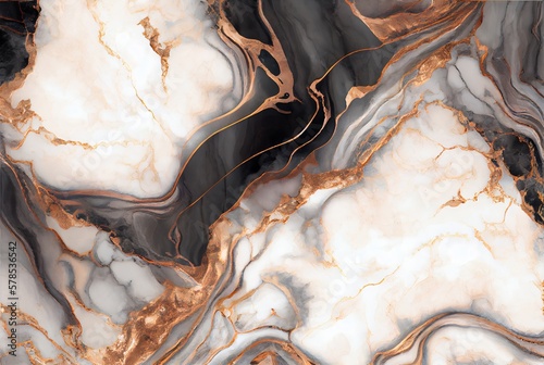 White marble with with gold and copper metal veins surface abstract background. Decorative acrylic paint pouring rock marble texture. Horizontal natural copper and gold abstract pattern.