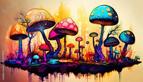 paint like illustration of mushroom forest, Generative Ai