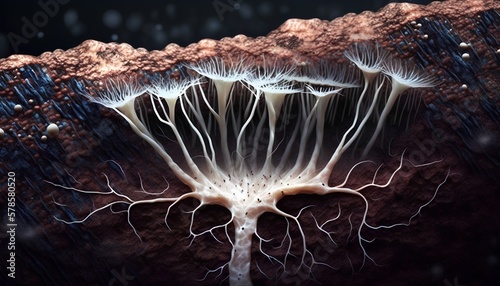 This image shows a close-up view of mycelium, the thread-like vegetative part of a fungus. Generative AI