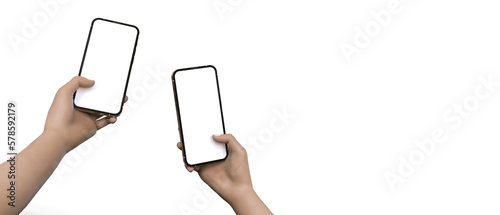 Woman holding smartphone isolated with blank screen on white background. application, marketing business, technology, copy space, website, banner -3d Rendering