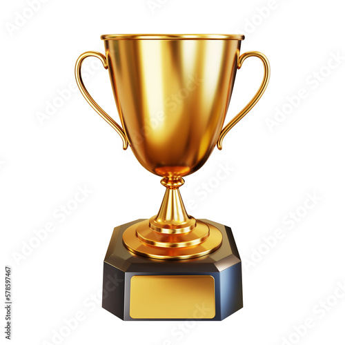 Golden trophy cup or champion cup with empty gold plate for your text. Champion first place in competition. 3D render. PNG with transparent background and alpha channel to cut out