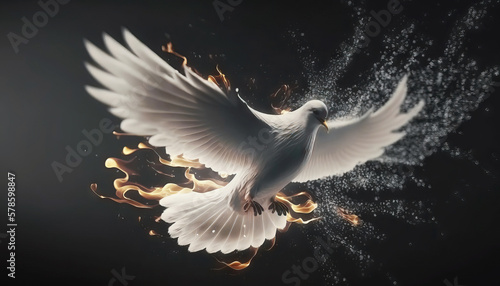 AI generated Flying white dove with fire effect on dark background. Symbol of peace. Gifts of holy spirit concept