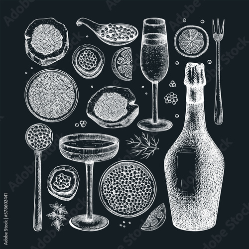 Caviar and champagne hand drawn illustrations collection. Hand drawn red caviar canape, canned black caviar, sparkling wine bottle, glasses sketches set. Seafood drawings isolated chalkboard