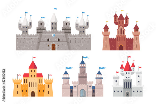 Set of different knight's castles in a cartoon style. Vector illustration of ancient stone castles with towers, gates and flags, coat of arms isolated on white background. Defensive fortresses.