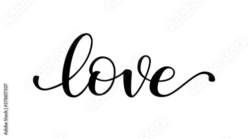 LOVE word hand drawn brush calligraphy. Black text love on white background. Love script calligraphy word. Vector illustration. Text design print for banner, tee, t-shirt, valentine day, wedding.