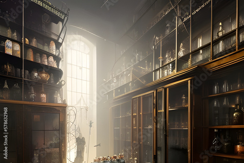 Alchemist lab. A strange and creepy cabinet of curiosities filled with lots of bottles and glass jars. CG Artwork Background. AI generated digital illustration