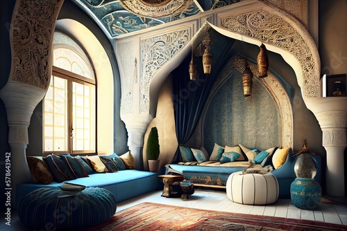 Living room Islamic and Arabic concept, islamic interior design with arch, Ai generative