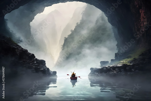 Kayakers enjoying the beautiful rocky landscape. Neural network AI generated art