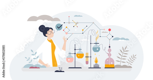 Chemical engineer profession with chemistry field work tiny person concept, transparent background. Laboratory with female scientist experiment job to research new drugs, pills.