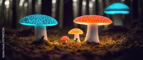 A family of acid poisonous luminous mushrooms in a dark mysterious lemu. generative ai.