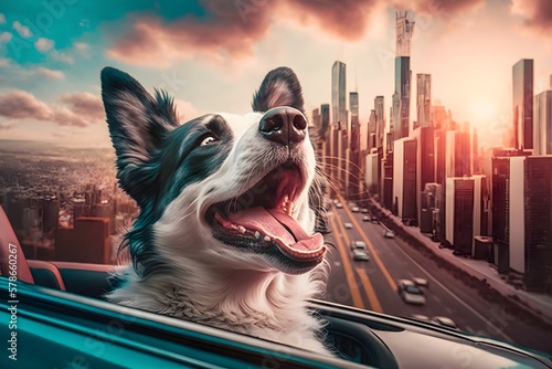 glücklicher Hund schaut aus dem Fenster eines Cabrios, Skyline einer Großstadt im Hintergrund, bunte Farben, große Autobahn, Illustration