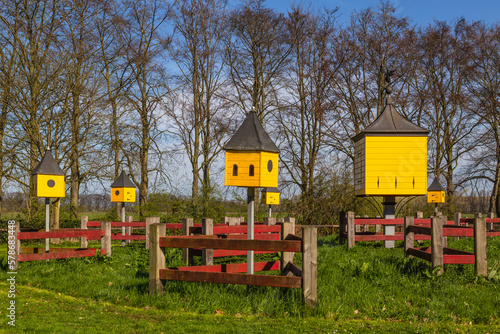 Yellow wooden dovecotes on the Mariënwaerdt estate near the village of Beesd in the Betuwe.