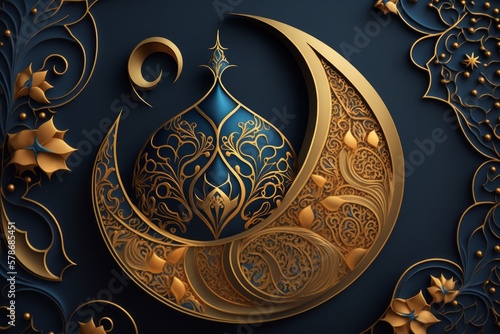 Ramadan Kareem background with crescent moon and golden ornament. Generative AI
