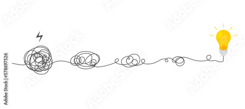 A tangled line turns into a straight line. Abstract metaphor of complicated way of thinking. Lines unraveling process. Business problem solving or difficult situation. Idea concept. 