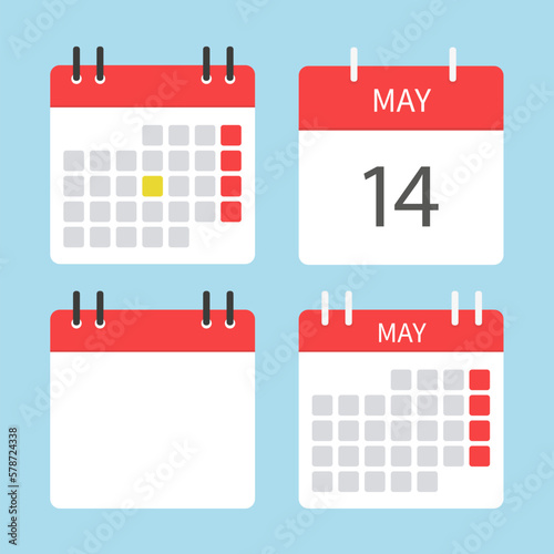 Four different calendar icons. May calendar. Calendar to tear off every day. Vector illustration in flat style. Isolated on a light blue background.